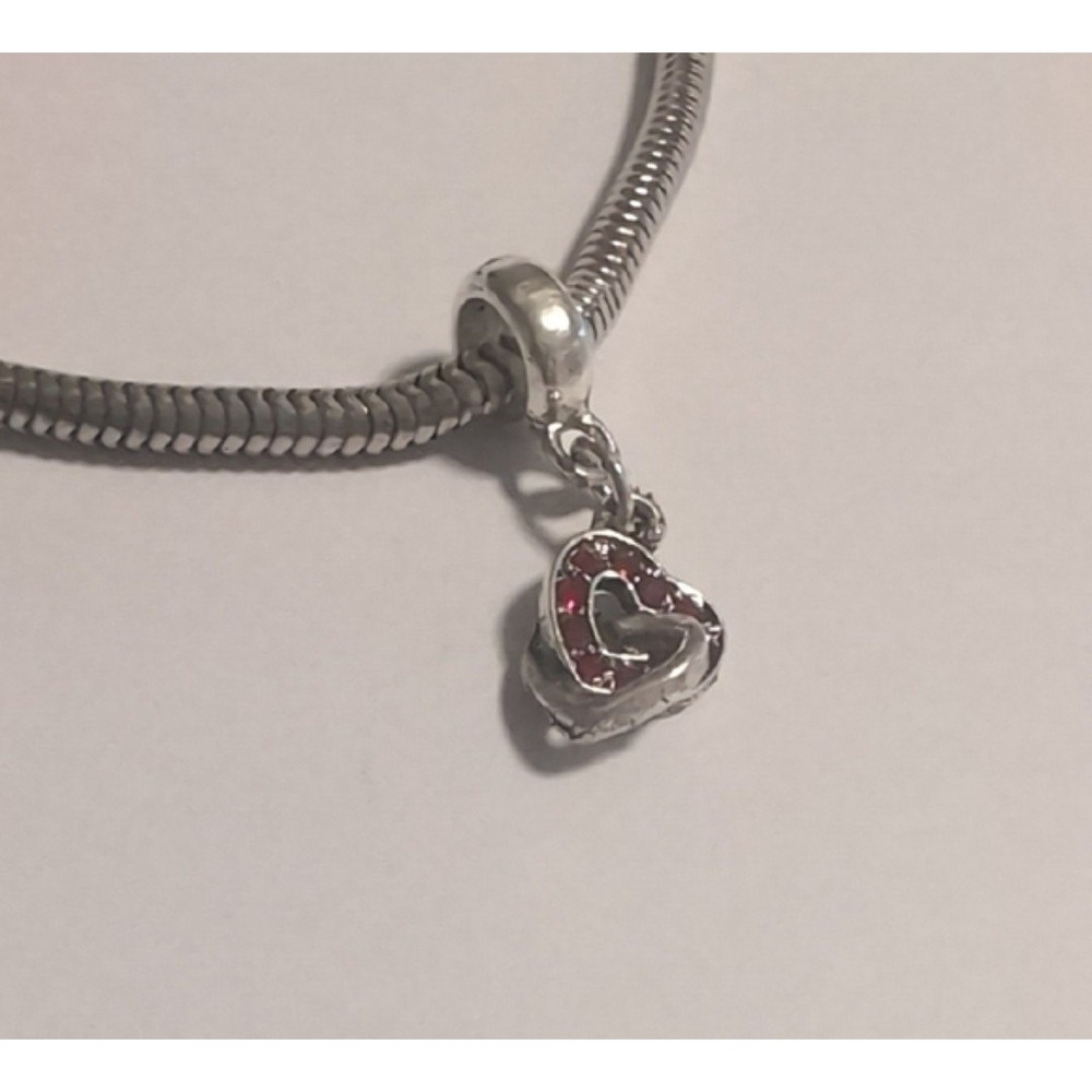 Silver Plated Red Crystal Open Heart Dangle Charm for Bracelet Necklace